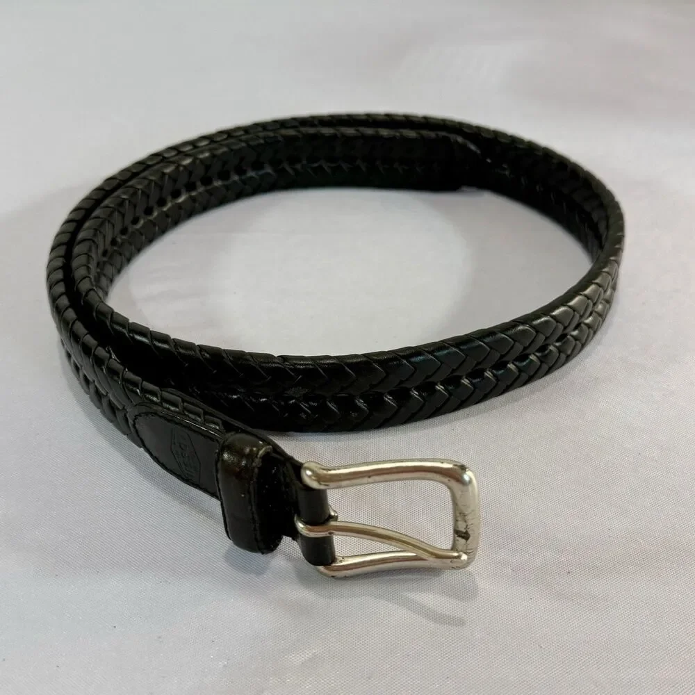 Fossil Mens Black Braided Leather Belt w/ Silver Buckle Size 34